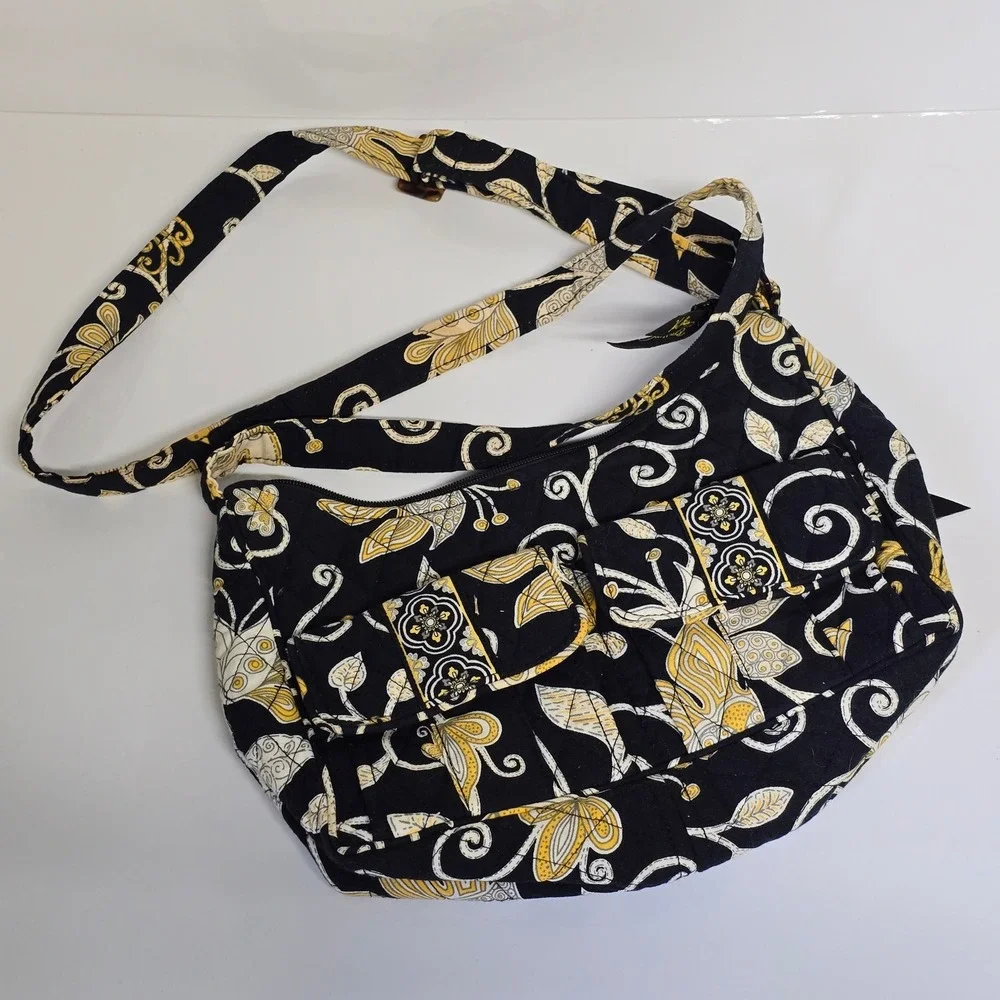 Vera Bradley Quilted Crossbody Bag Womens Black Yellow Bird Floral Boho - Picture 2 of 13